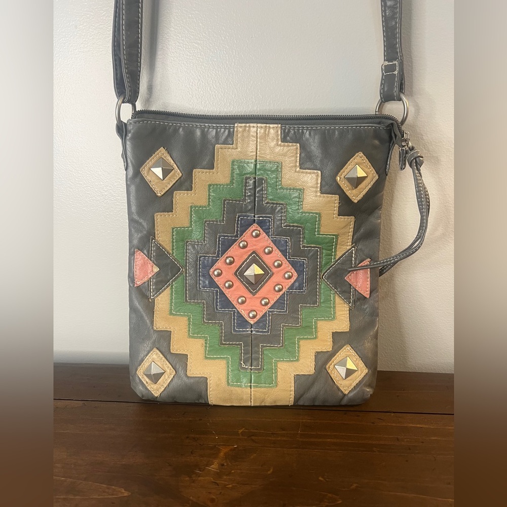 vintage-style patchwork leather crossbody bag, geometric Southwestern-design